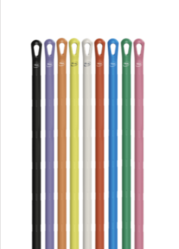 Assortment of colorful mop handles.